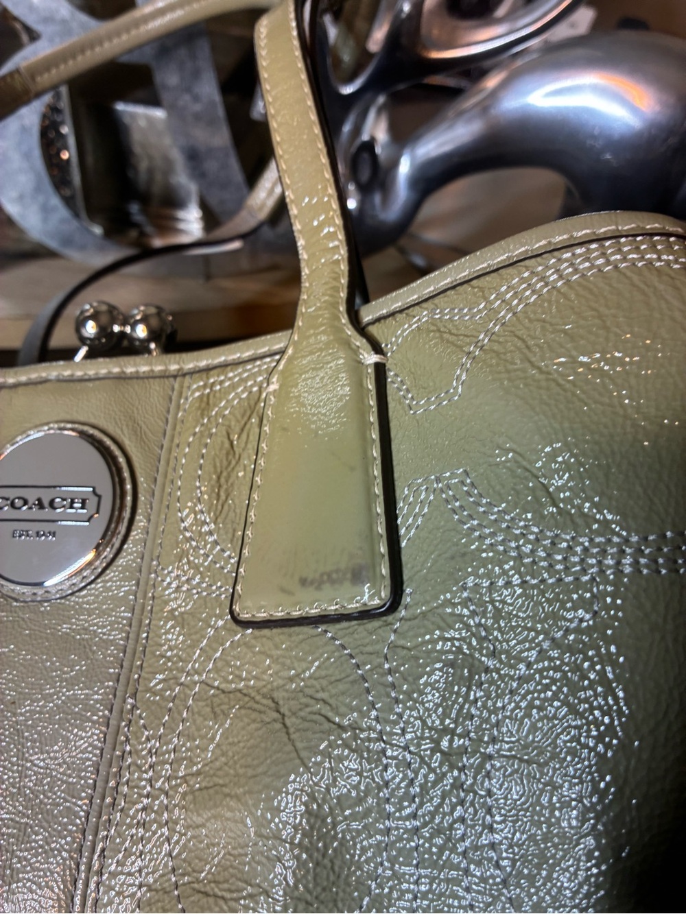 Coach Kiss-lock Patent Leather Tote, khaki Green - Picture 8 of 16